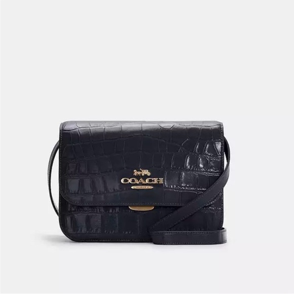 Coach Brynn Flap Nacy Blue Croc-Embossed Leather Crossbody with Gold Hardware